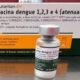 Box of dengue vaccine Butantan DV with a small vial in front Portuguese labeling on both box and vial