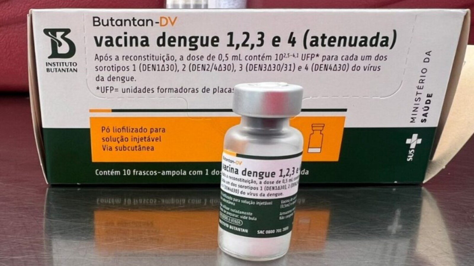 Box of dengue vaccine Butantan DV with a small vial in front Portuguese labeling on both box and vial