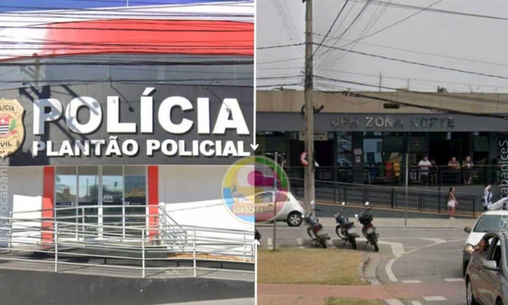 Split image: left panel shows a Polícia Civil facility with a large POLÍCIA sign and badge; right panel shows a street scene with a building labeled 'UPH ZONA NORTE' and parked motorcycles.