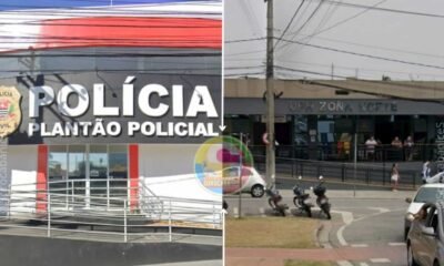 Split image left panel shows a Polícia Civil facility with a large POLÍCIA sign and badge right panel shows a street scene with a building labeled UPH ZONA NORTE and parked motorcycles