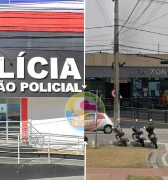 Split image left panel shows a Polícia Civil facility with a large POLÍCIA sign and badge right panel shows a street scene with a building labeled UPH ZONA NORTE and parked motorcycles