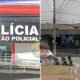 Split image left panel shows a Polícia Civil facility with a large POLÍCIA sign and badge right panel shows a street scene with a building labeled UPH ZONA NORTE and parked motorcycles