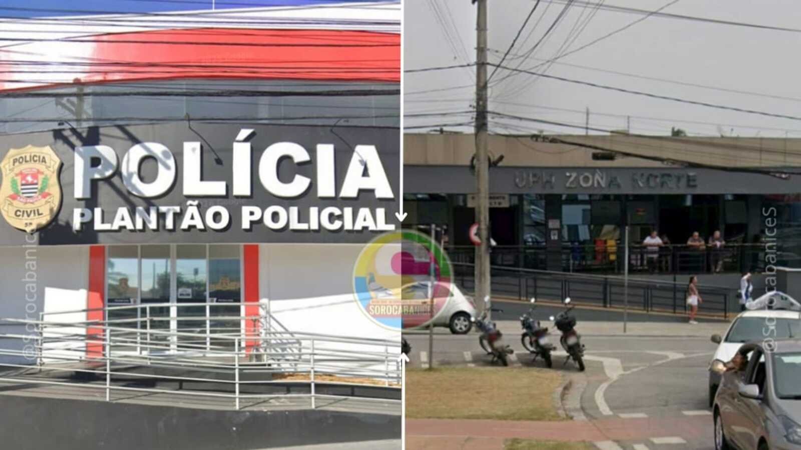 Split image left panel shows a Polícia Civil facility with a large POLÍCIA sign and badge right panel shows a street scene with a building labeled UPH ZONA NORTE and parked motorcycles