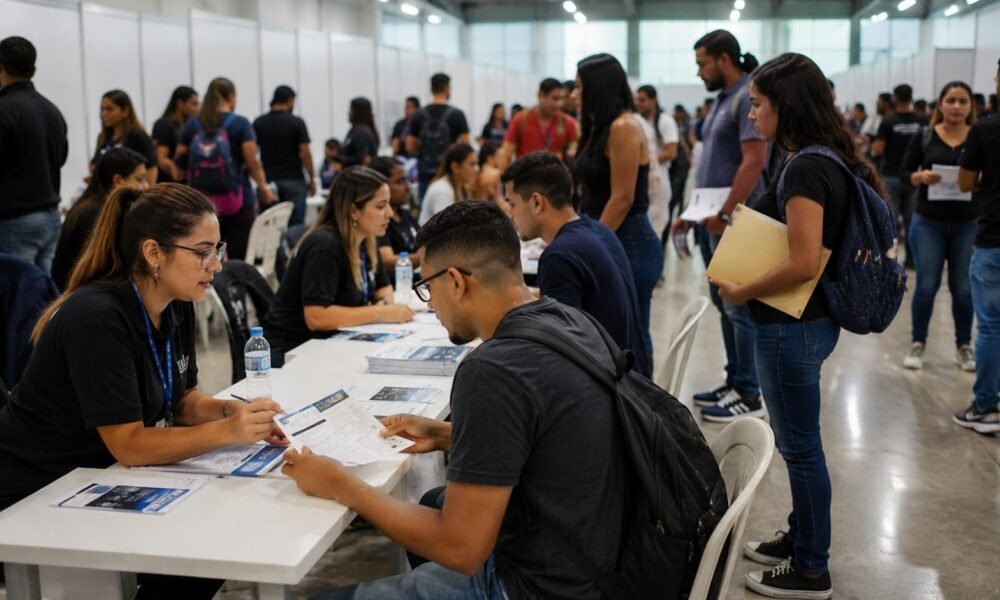 Networking job fair scene: applicants speak with staff at a registration table with forms and flyers nearby.
