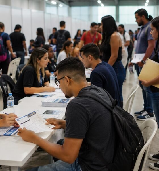 Networking job fair scene applicants speak with staff at a registration table with forms and flyers nearby
