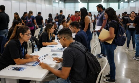 Networking job fair scene applicants speak with staff at a registration table with forms and flyers nearby