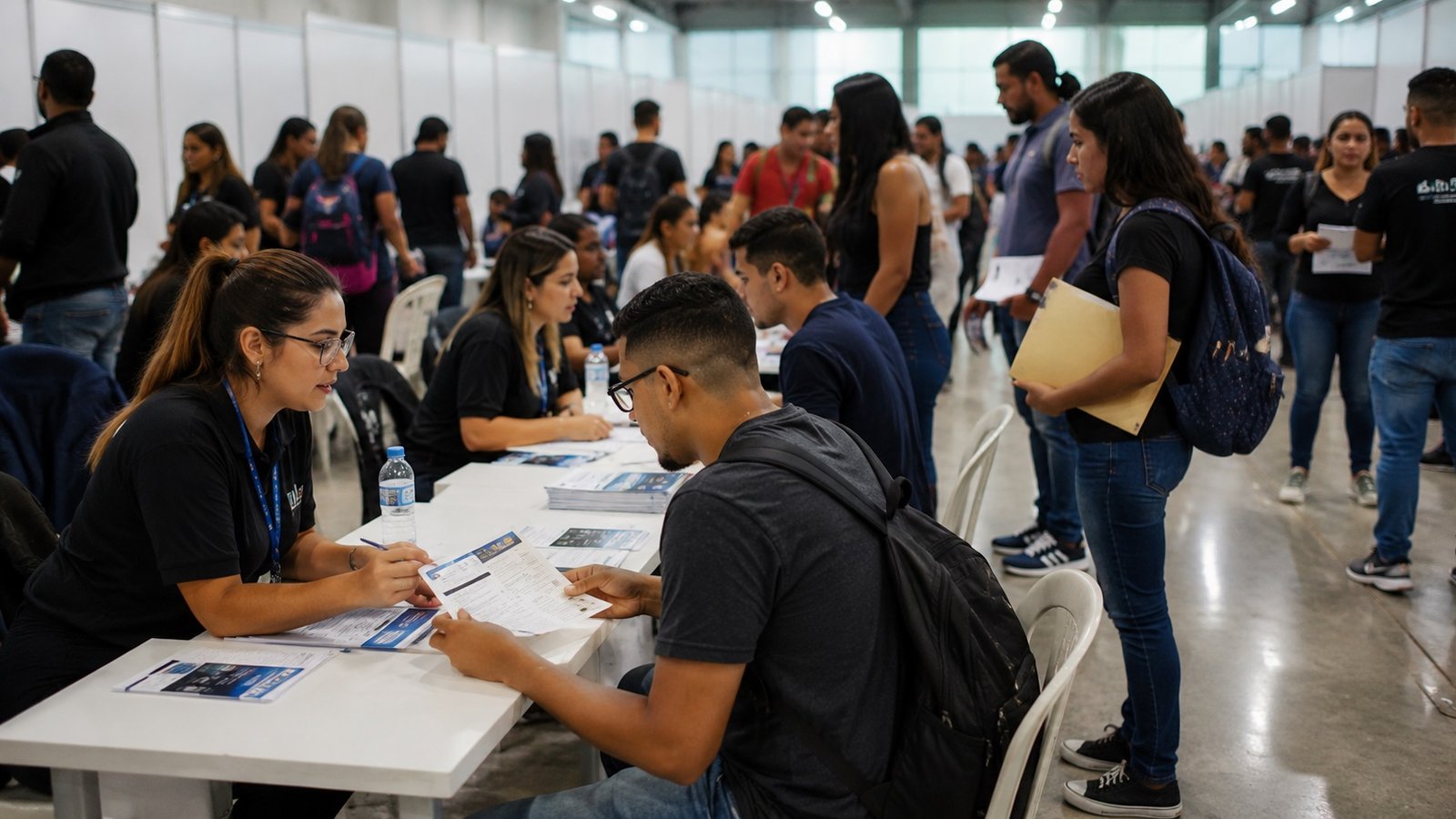 Networking job fair scene applicants speak with staff at a registration table with forms and flyers nearby