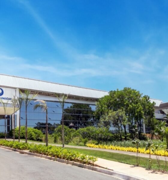 Modern glass front corporate building with ChemyUnion sign surrounded by palm trees on a sunny day