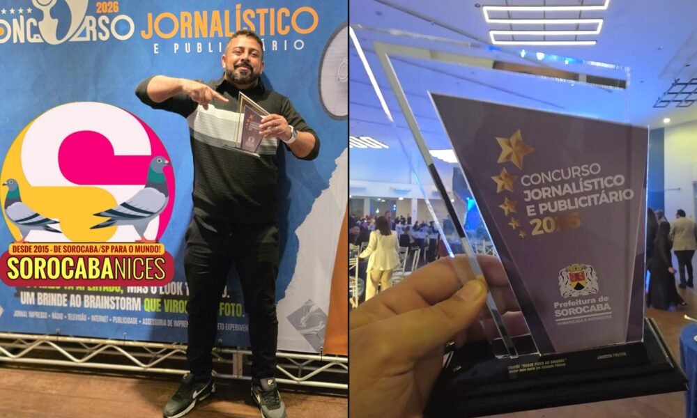 Man posing with a glass trophy in front of a blue event banner that reads Concurso Jornalístico e Publicitário with a large colorful logo and pigeons left panel of a split photo