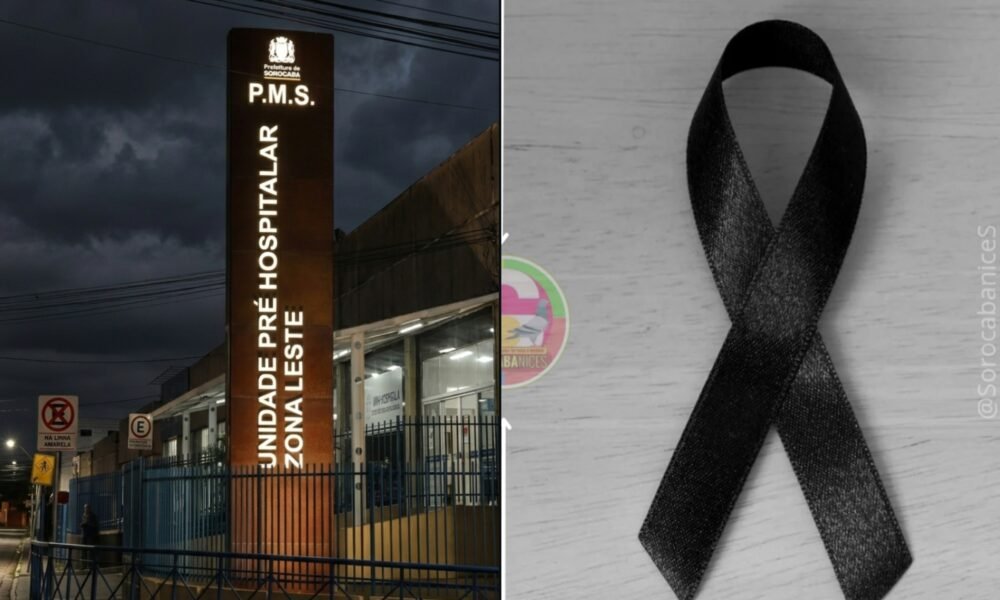 Split image: left shows a hospital entrance with a tall vertical sign reading 'Unidade Hospitalar'; right shows a black awareness ribbon on a gray wooden surface.