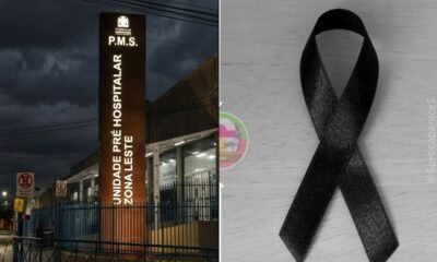 Split image: left shows a hospital entrance with a tall vertical sign reading 'Unidade Hospitalar'; right shows a black awareness ribbon on a gray wooden surface.