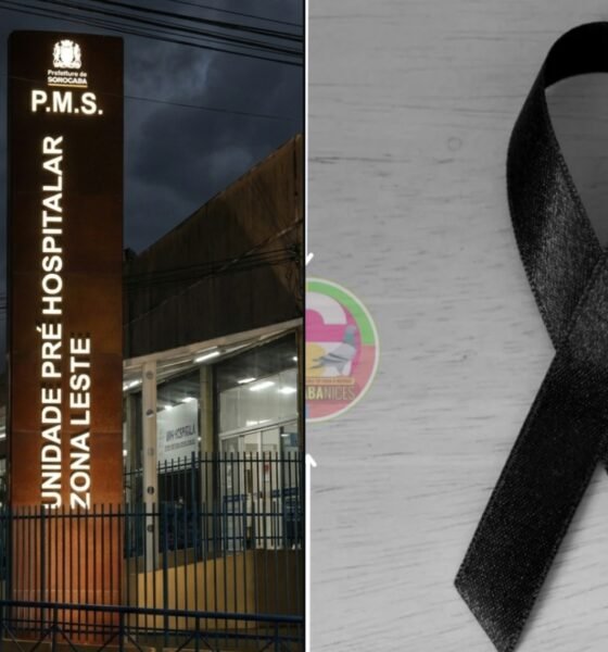 Split image left shows a hospital entrance with a tall vertical sign reading Unidade Hospitalar right shows a black awareness ribbon on a gray wooden surface