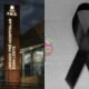 Split image left shows a hospital entrance with a tall vertical sign reading Unidade Hospitalar right shows a black awareness ribbon on a gray wooden surface