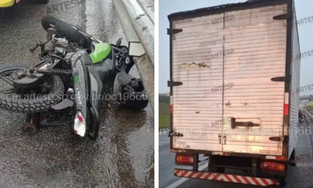 Motorcycle lying on its side on a wet road after a crash green fuel tank visible and riderless gear nearby informative image