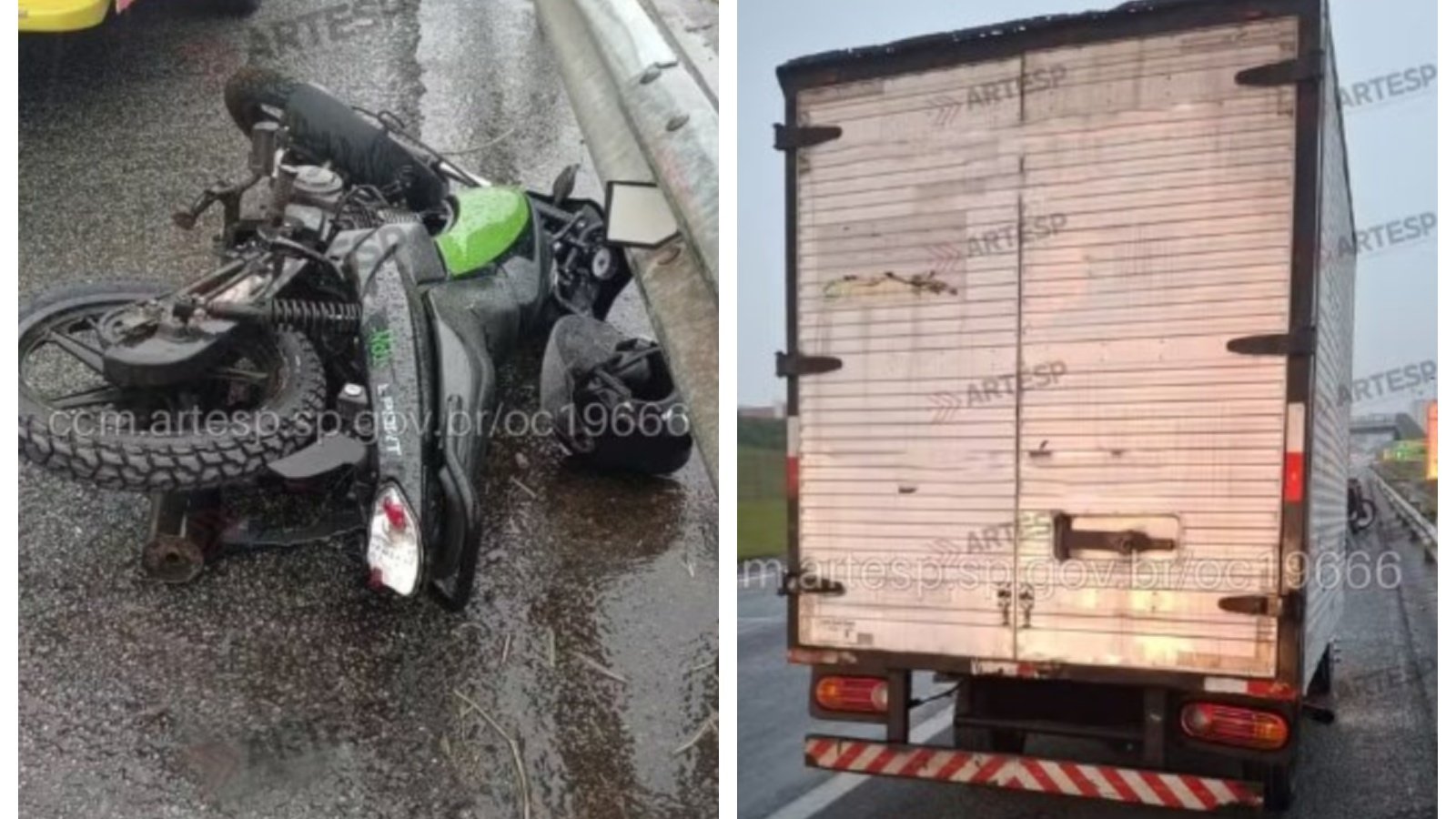 Motorcycle lying on its side on a wet road after a crash green fuel tank visible and riderless gear nearby informative image