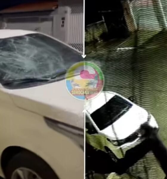 Split screen surveillance image of a white van colliding with a metal gate windshield cracked Front damage visible on the van left side