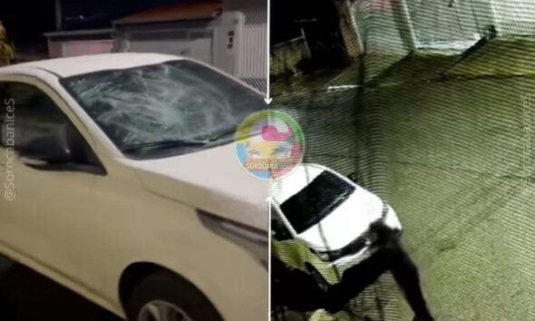 Split screen surveillance image of a white van colliding with a metal gate windshield cracked Front damage visible on the van left side