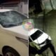 Split screen surveillance image of a white van colliding with a metal gate windshield cracked Front damage visible on the van left side