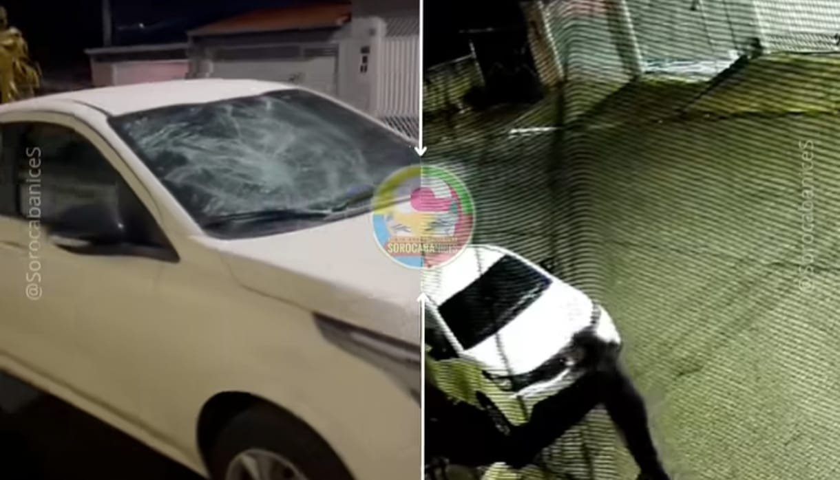 Split screen surveillance image of a white van colliding with a metal gate windshield cracked Front damage visible on the van left side