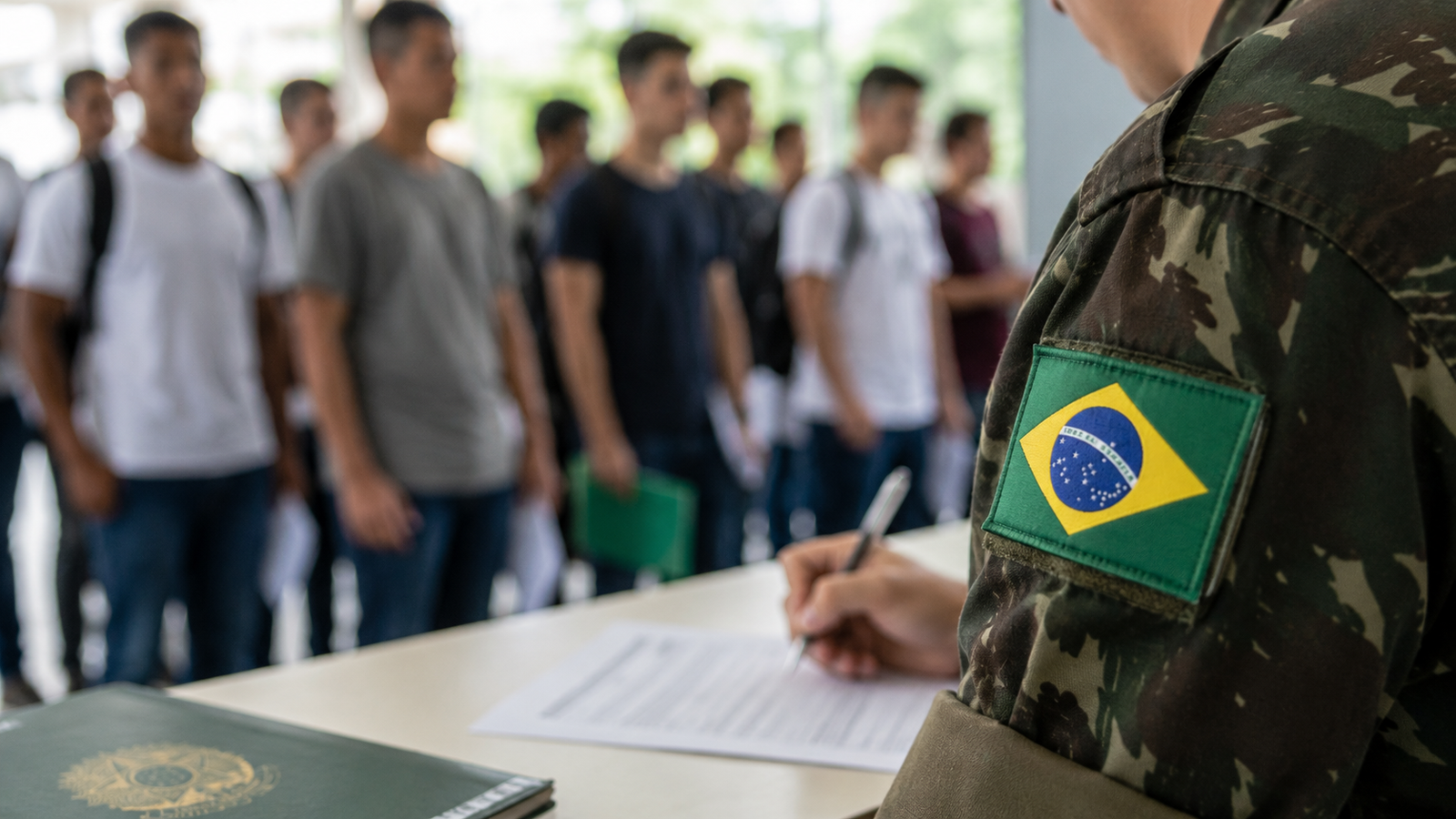 Soldier in camouflage with a Brazilian flag patch signs forms at a desk as recruits line up in the background