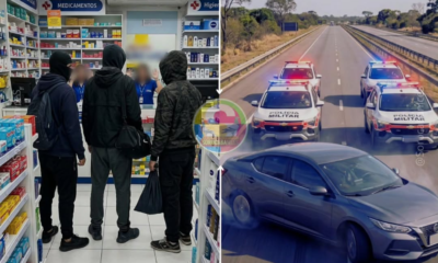 Left Inside a pharmacy with shelves of medicines and four people standing at the counter some wearing hoodies and face coverings Right A highway scene with several Policia Militar police cars flashing red and blue lights around a blue sedan suggesting a road incident or checkpoint