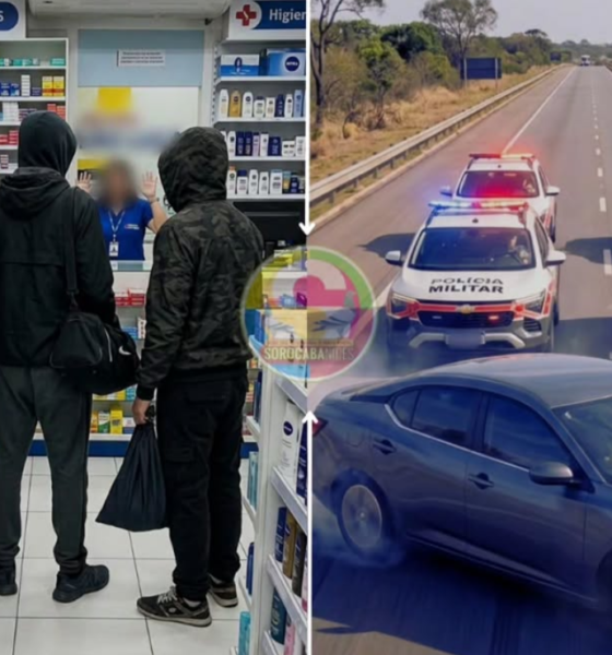 Left Inside a pharmacy with shelves of medicines and four people standing at the counter some wearing hoodies and face coverings Right A highway scene with several Policia Militar police cars flashing red and blue lights around a blue sedan suggesting a road incident or checkpoint