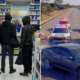 Left Inside a pharmacy with shelves of medicines and four people standing at the counter some wearing hoodies and face coverings Right A highway scene with several Policia Militar police cars flashing red and blue lights around a blue sedan suggesting a road incident or checkpoint
