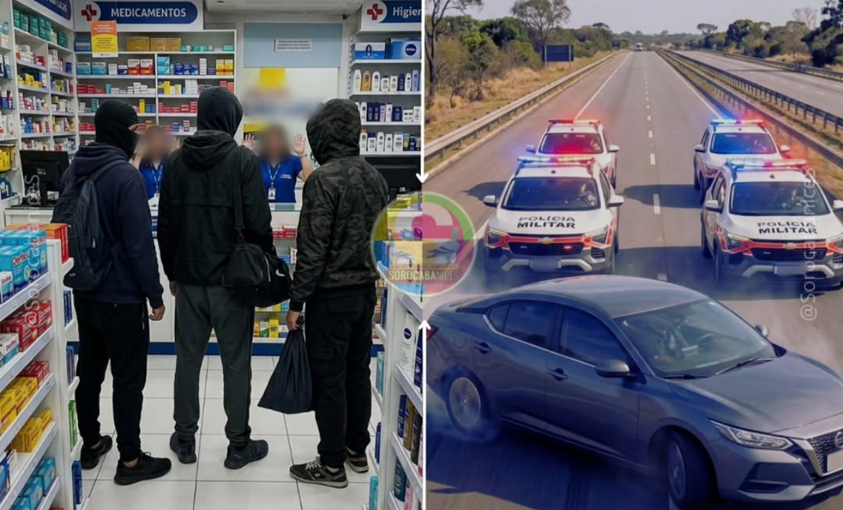 Left Inside a pharmacy with shelves of medicines and four people standing at the counter some wearing hoodies and face coverings Right A highway scene with several Policia Militar police cars flashing red and blue lights around a blue sedan suggesting a road incident or checkpoint