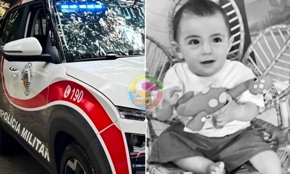 Split image: left side shows a Polícia Militar SUV with blue flashing lights; right side shows a smiling baby in a stroller holding a stuffed toy.