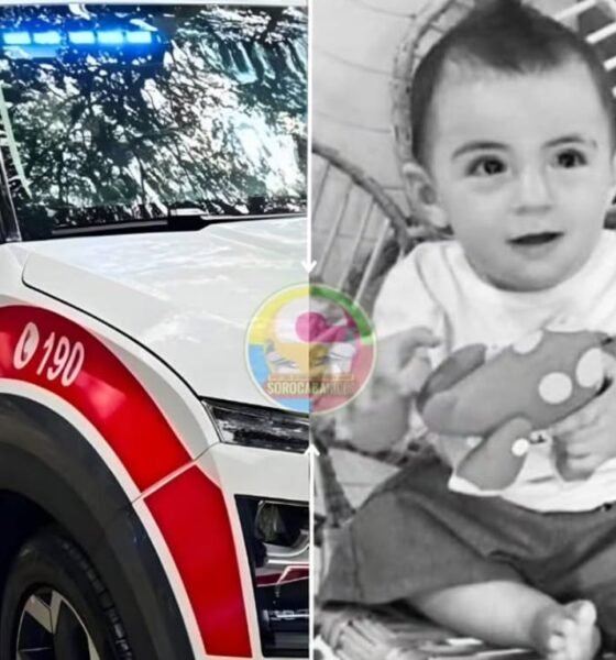 Split image left side shows a Polícia Militar SUV with blue flashing lights right side shows a smiling baby in a stroller holding a stuffed toy
