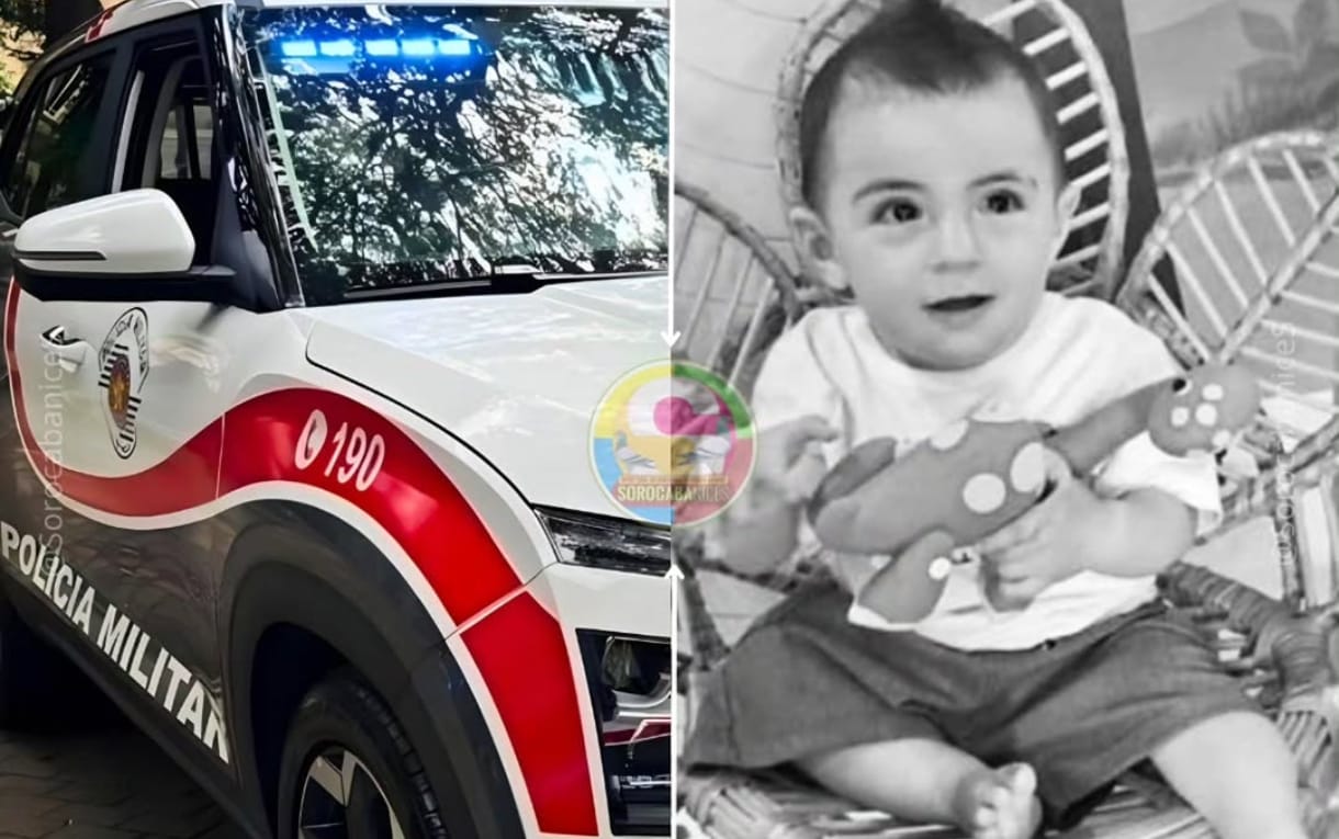 Split image left side shows a Polícia Militar SUV with blue flashing lights right side shows a smiling baby in a stroller holding a stuffed toy
