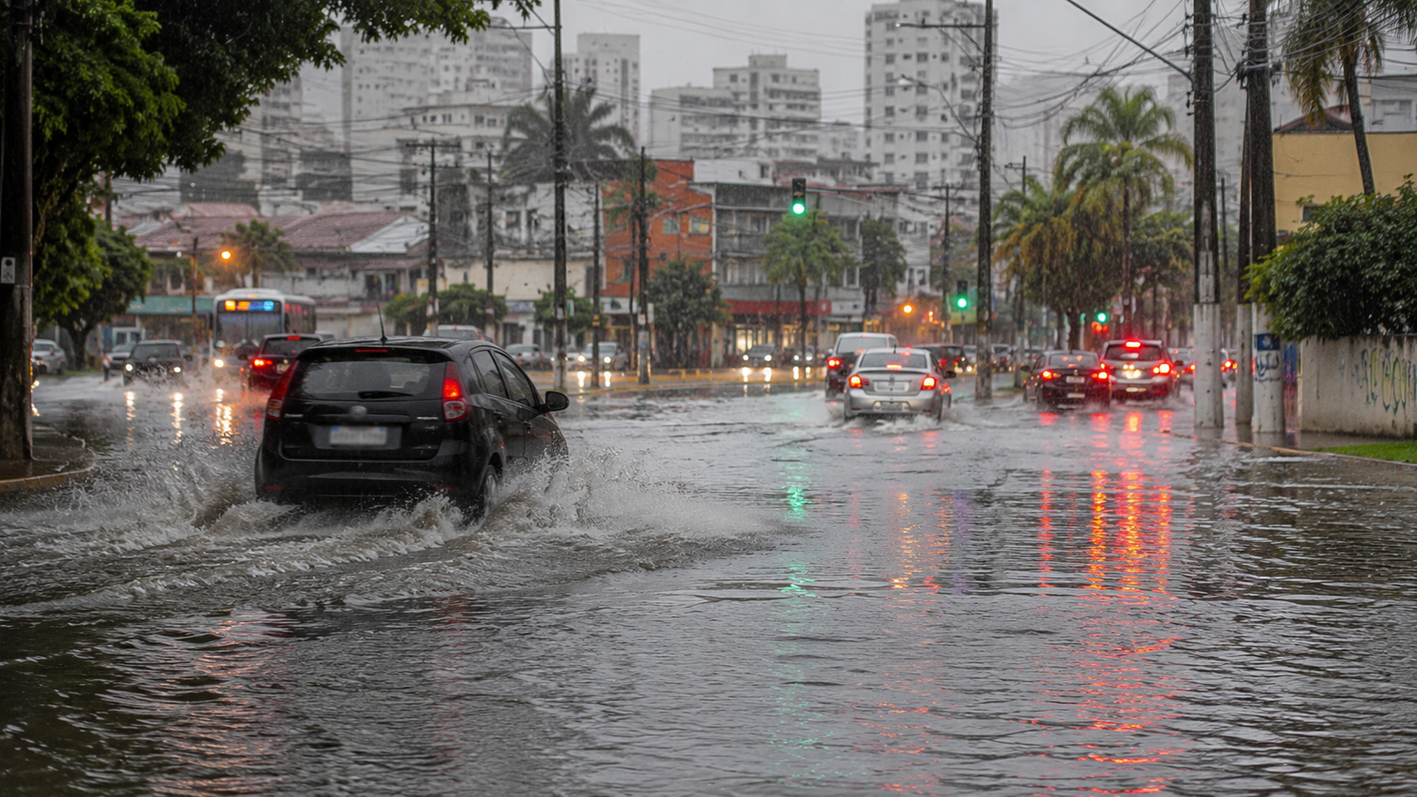 Urban street heavily flooded with cars driving through puddles reflections of traffic lights shimmer on the water as rain pours down the cityscape at dusk