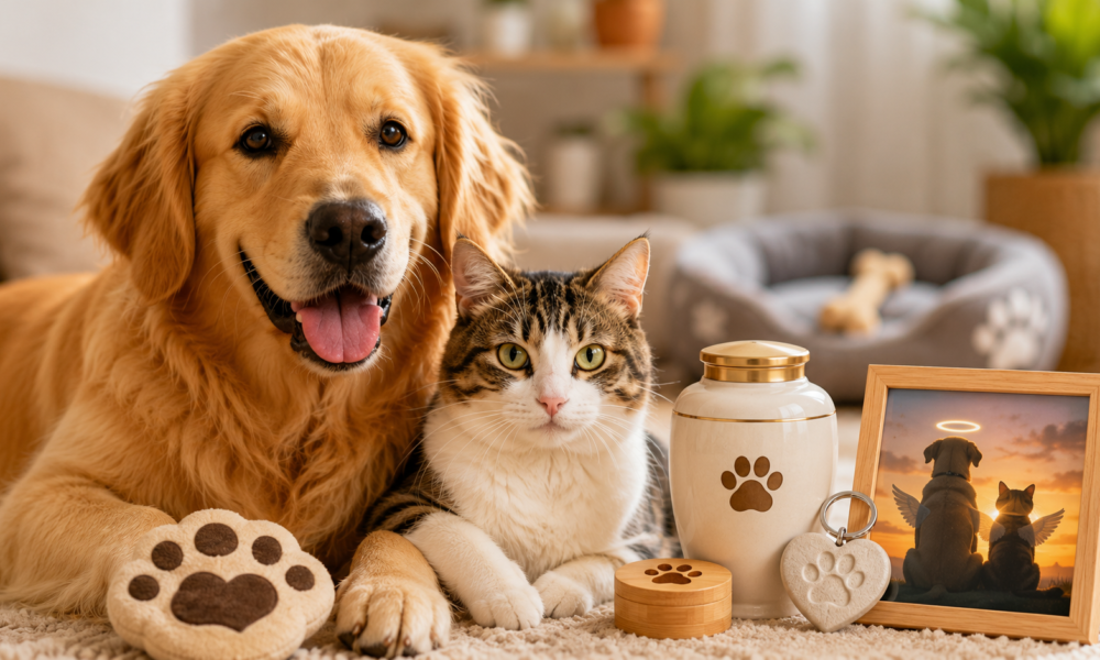 Golden retriever and tabby cat cuddled on a rug, surrounded by paw-print decor and a framed sunset photo of two dogs.