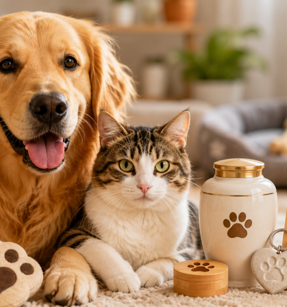 Golden retriever and tabby cat cuddled on a rug surrounded by paw print decor and a framed sunset photo of two dogs