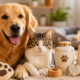 Golden retriever and tabby cat cuddled on a rug surrounded by paw print decor and a framed sunset photo of two dogs