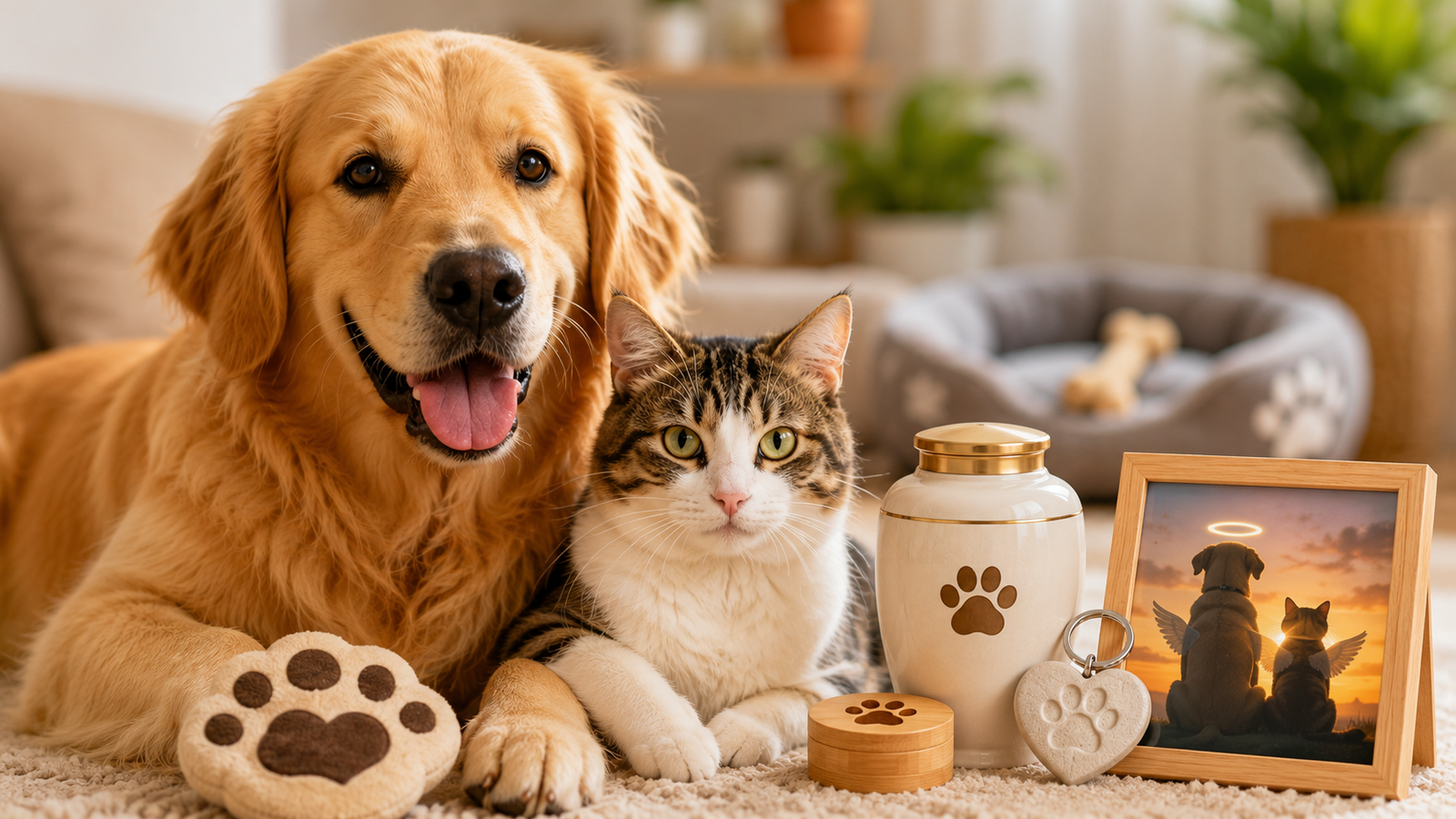 Golden retriever and tabby cat cuddled on a rug surrounded by paw print decor and a framed sunset photo of two dogs