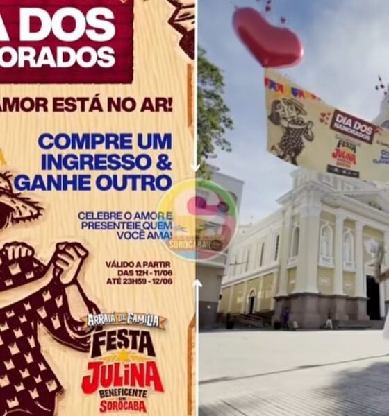 Left a Dia dos Namorados poster showing a kissing couple and red hearts with promo text about buying one ticket and getting another plus festival branding Right a woman in a white dress in a sunny plaza beneath a large festival banner with heart balloons