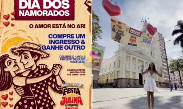 Left a Dia dos Namorados poster showing a kissing couple and red hearts with promo text about buying one ticket and getting another plus festival branding Right a woman in a white dress in a sunny plaza beneath a large festival banner with heart balloons