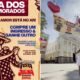 Left a Dia dos Namorados poster showing a kissing couple and red hearts with promo text about buying one ticket and getting another plus festival branding Right a woman in a white dress in a sunny plaza beneath a large festival banner with heart balloons