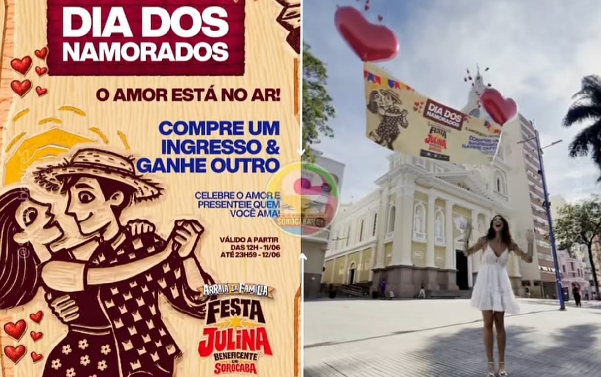 Left a Dia dos Namorados poster showing a kissing couple and red hearts with promo text about buying one ticket and getting another plus festival branding Right a woman in a white dress in a sunny plaza beneath a large festival banner with heart balloons