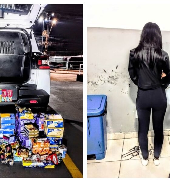 Two panel image left shows an open car trunk with a large pile of groceries and items on the ground right shows a woman in black being escorted by a uniformed officer in tactical gear