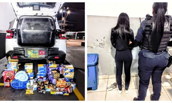 Two panel image left shows an open car trunk with a large pile of groceries and items on the ground right shows a woman in black being escorted by a uniformed officer in tactical gear