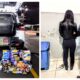 Two panel image left shows an open car trunk with a large pile of groceries and items on the ground right shows a woman in black being escorted by a uniformed officer in tactical gear