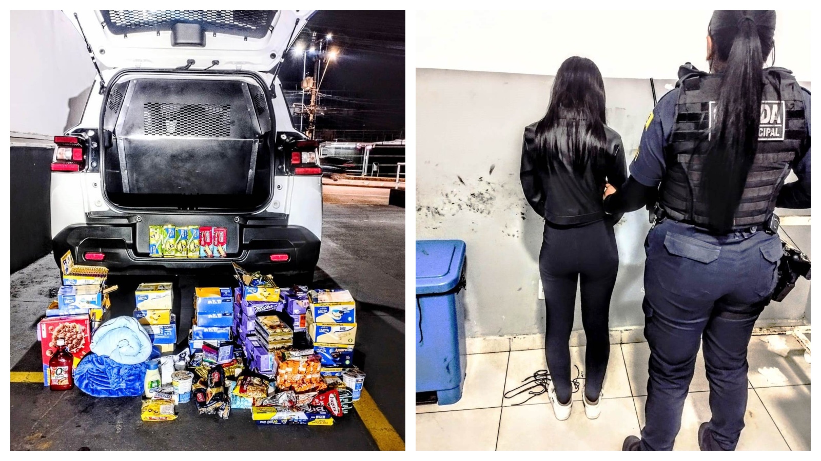 Two panel image left shows an open car trunk with a large pile of groceries and items on the ground right shows a woman in black being escorted by a uniformed officer in tactical gear