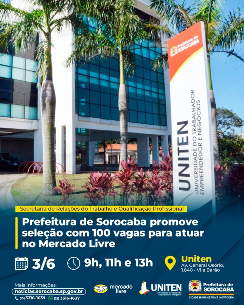 Image sorocabanices Campus building with a tall UNITEN sign and tropical plants promotional poster for a Sorocaba job fair with vacancies at Mercado Livre