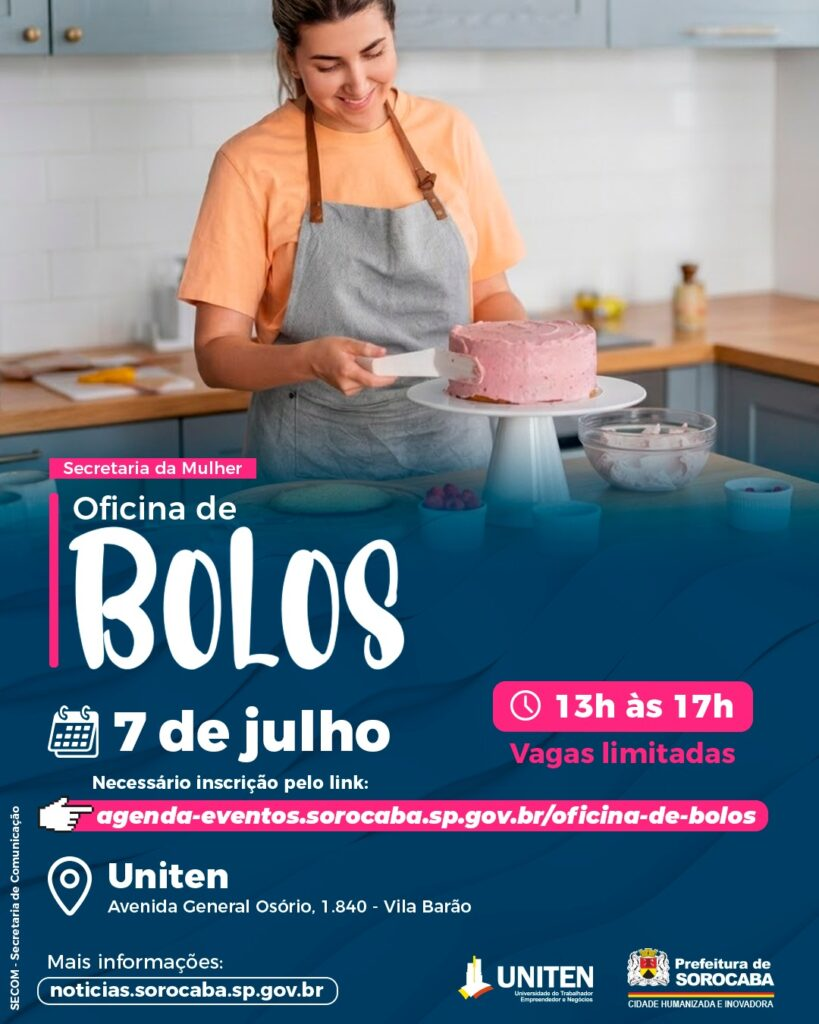 Mulher decorando um bolo rosa em uma cozinha cartaz promocional de Oficina de Bolos com data  de julho hh vagas limitadas e link de inscrição