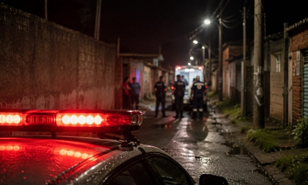 Nighttime alley scene with police and medics near an ambulance; red emergency lights reflect on the wet street in the foreground.