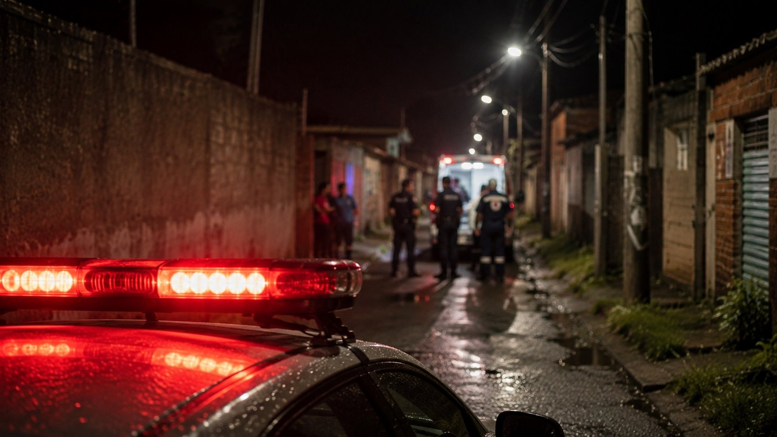 Nighttime alley scene with police and medics near an ambulance red emergency lights reflect on the wet street in the foreground