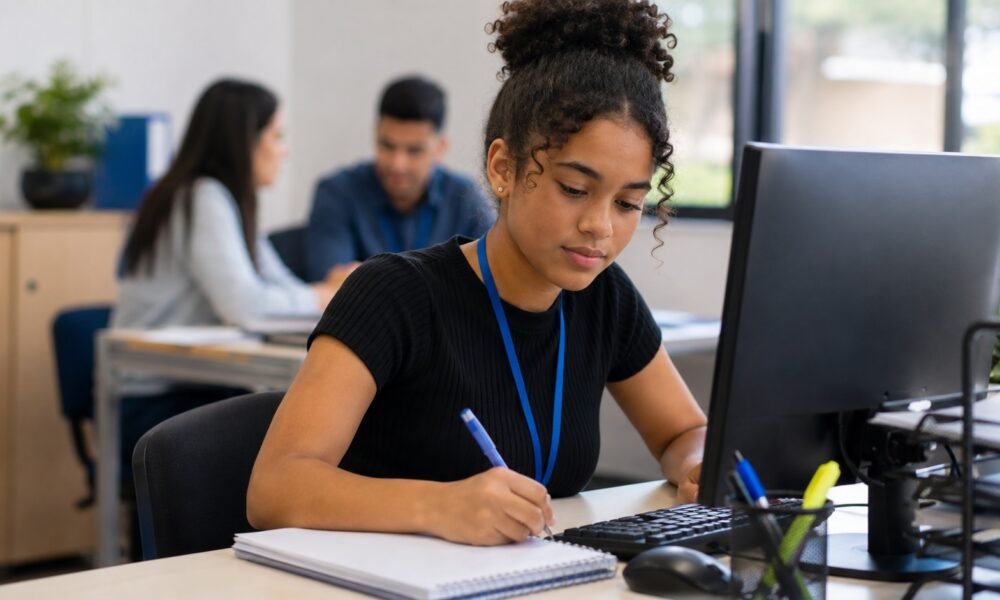 Young woman with a blue lanyard writes in a notebook at a desk, with a computer and office supplies nearby while colleagues work in the background.