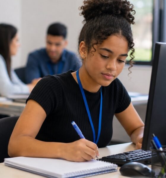 Young woman with a blue lanyard writes in a notebook at a desk with a computer and office supplies nearby while colleagues work in the background